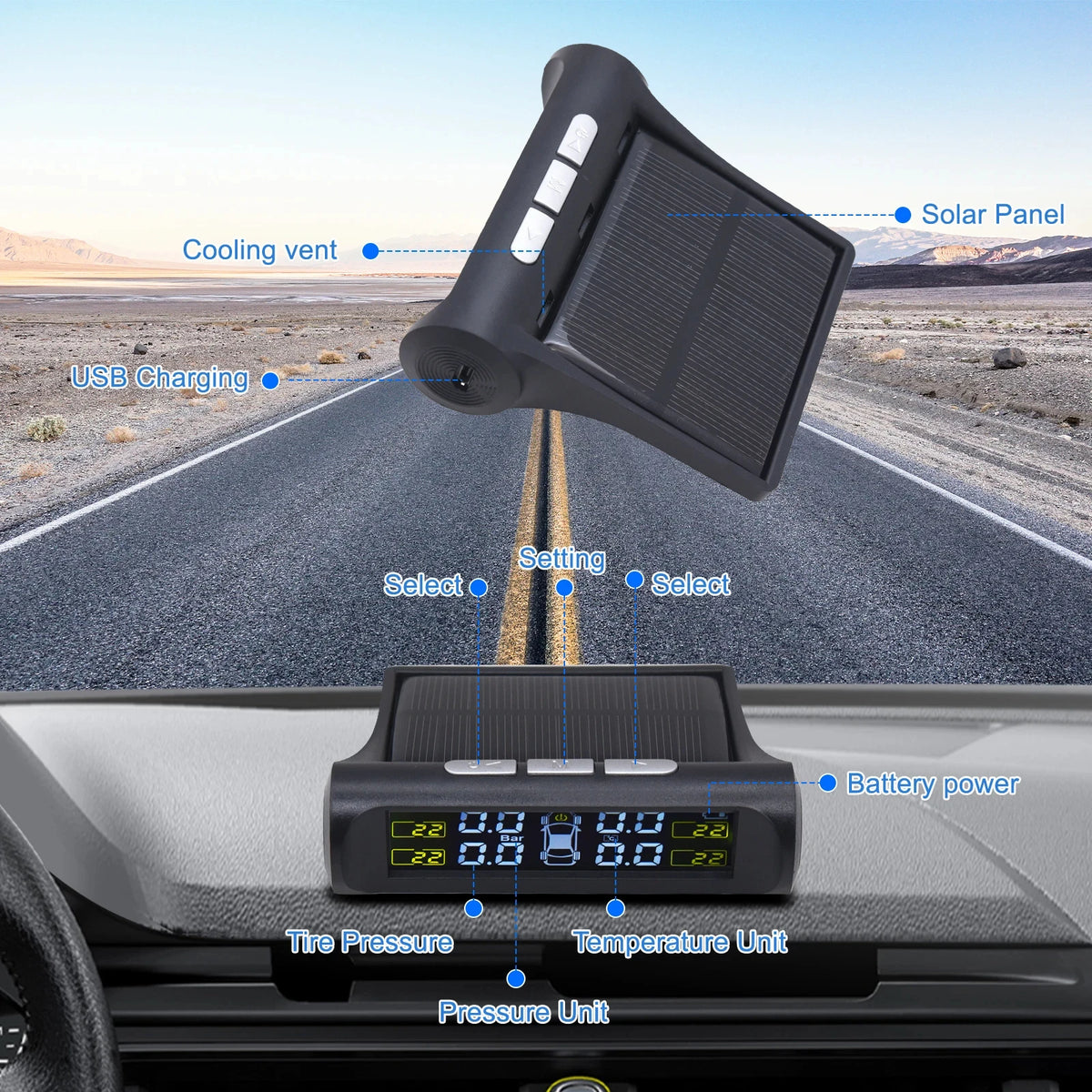 lTPMS Solar Tire Pressure Sensor – Système de surveillance de la pression des pneus